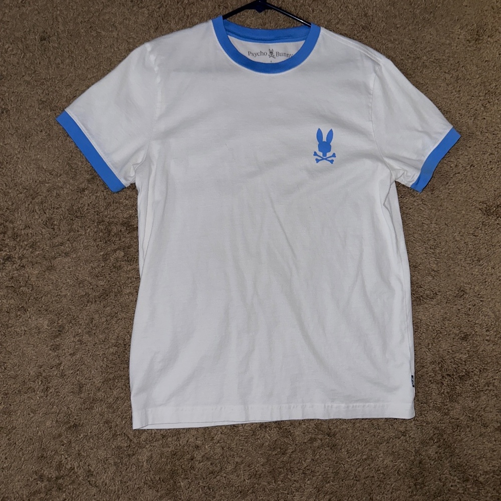 men’s psycho bunny shirt, white and blue, size 4 (small)